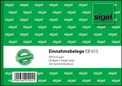 Sigel 1 Stück Formularbuch EB 615 Einnahmebeleg, A6 quer, 50 Blatt