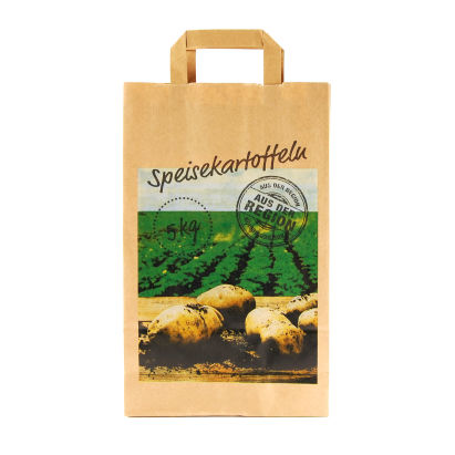 HK 250 Stück Papiertragetaschen, 220+100x360mm, 90g, braun Kartoffel Druck, 5 KG HK 250 Stück Papiertragetaschen, 220+100x360mm, 90g, braun Kartoffel Druck, 5 KG