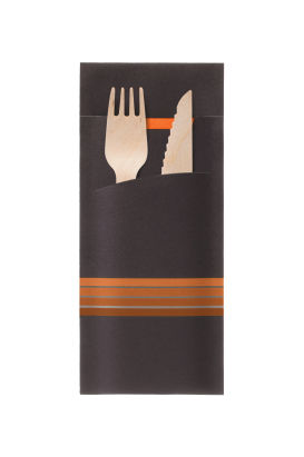 520 Stück Bestecktasche mit Serviette 200x85mm, schwarz mit orangenen Streifen