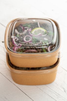 50 Stück Bio Kraft- Bowl Salatschale 580ml, 130x130x56mm, eckig, braun, mit rPET Deckel