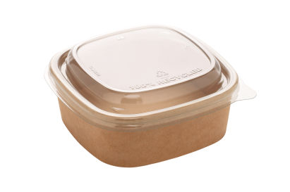 50 Stück Bio Kraft- Bowl Salatschale 580ml, 130x130x56mm, eckig, braun, mit rPET Deckel