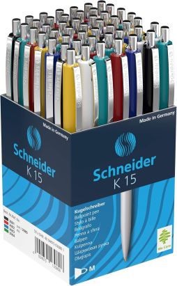 50 Stück Schneider Kugelschreiber K15 farbsortiert, Schreibfarbe blau